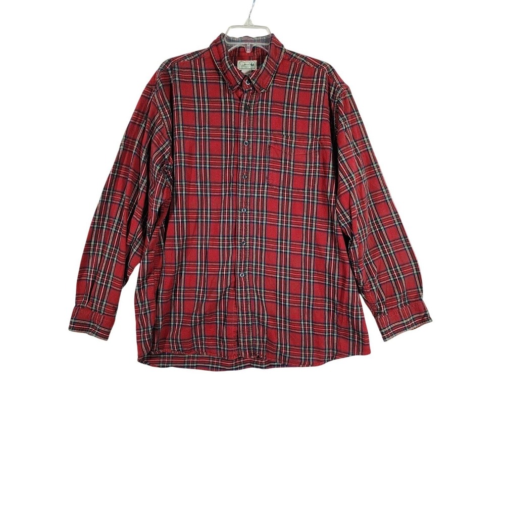 L.L.Bean Mens XL Flannel Shirt Red Tartan Plaid Button Front Cotton Regular Fit